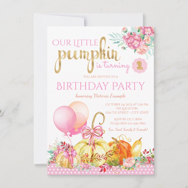 Convites Meninas Pequeno Abóbora Primeiro Aniversário (Frente)