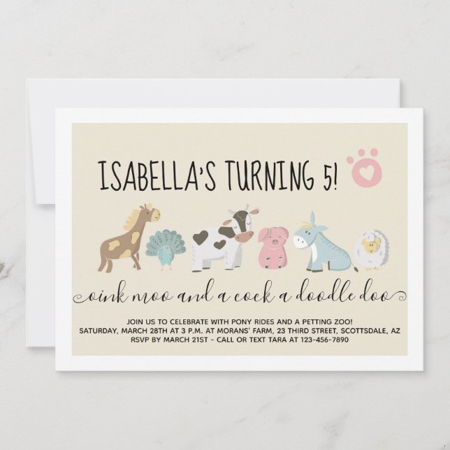 Convites Meninas Petting Zoo / Tema de Animais de Barnyard  (Frente)