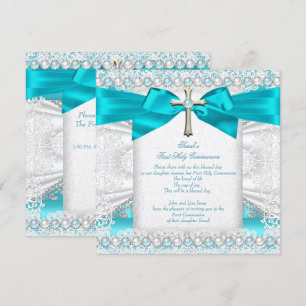 Convites Meninas Primeira Comunhão Azul Teal Pérola Branco