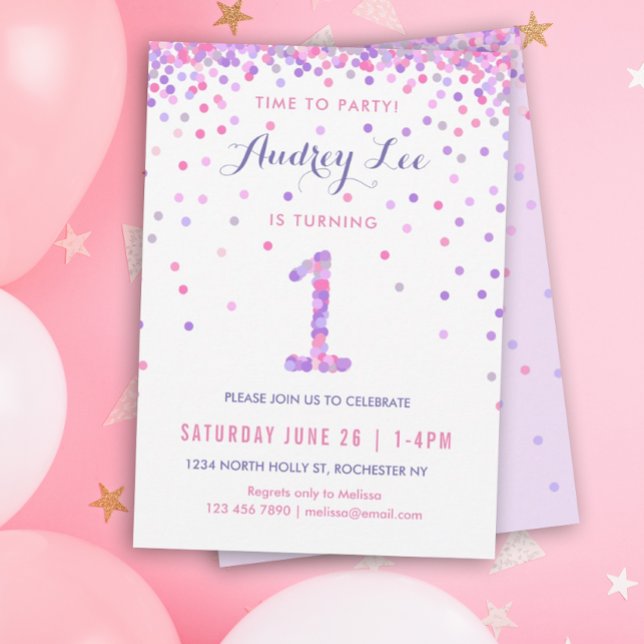 Convites Meninas primeiro aniversario Primeira Festa de ani (Pink Purple Confetti for your kiddo's birthday party!)