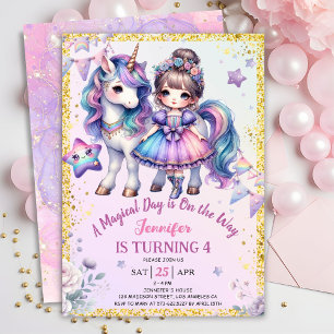 Convites Meninas Princesa Unicorn 4º Aniversário Roxo Doura