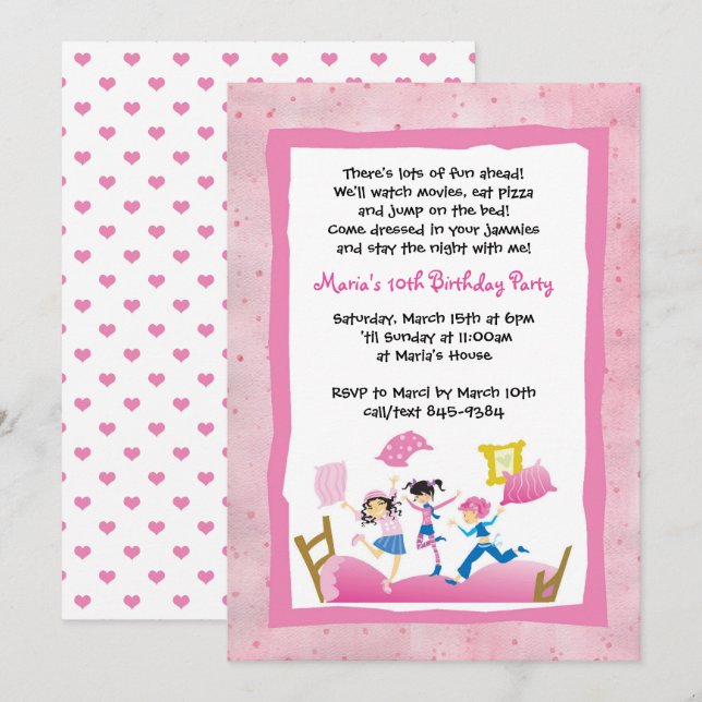 Convites Meninas pulando no Bed Sleepover SlumbParty (Frente/Verso)