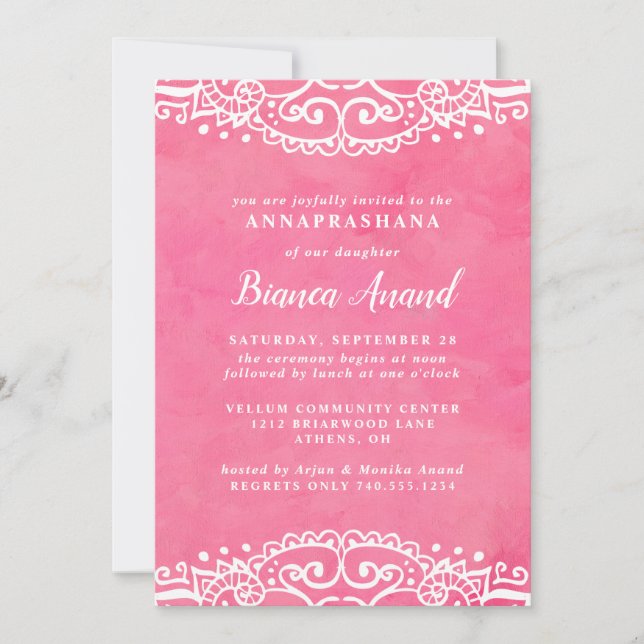 Convites Meninas Rosa Annaprashana Primeira Cerimônia de Ar (Frente)