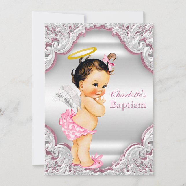 Convites Meninas Rosa Branco Anjo Menina Bebê Batismo (Frente)