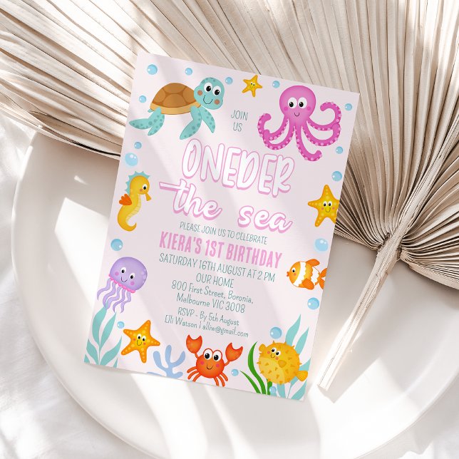 Convites Meninas Rosa-Cortes Debaixo Do primeiro aniversari ( Pink Oneder the Sea 1st Birthday Invitation, Under the Sea Themed First Birthday Invitation)