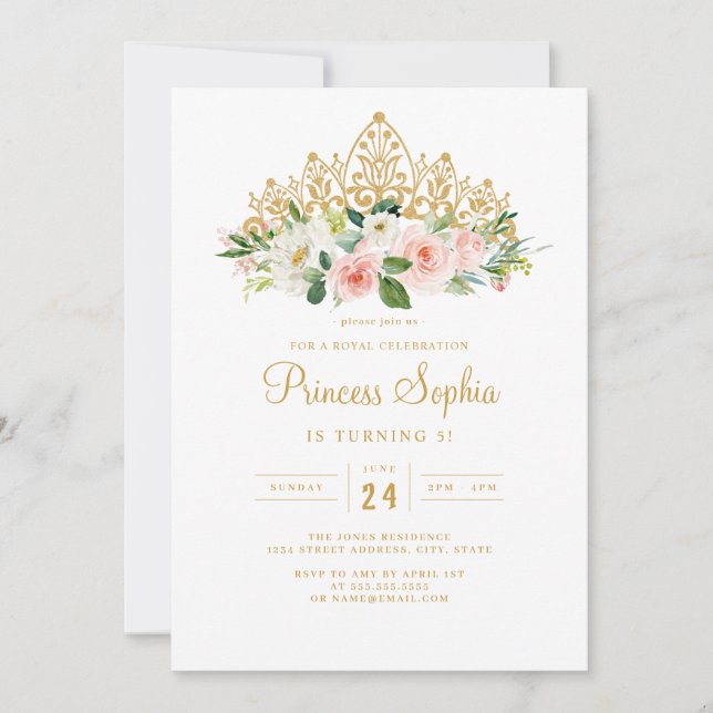 Convites Meninas Rosa Dourado Princesa Tiara Floral Anivers (Frente)