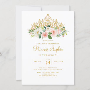 Convites Meninas Rosa Dourado Princesa Tiara Floral Anivers
