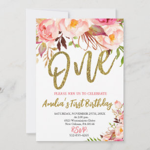 Convites Meninas rosa e Douradas Primeiro Aniversário, Boho