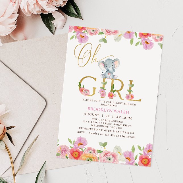 Convites Meninas Rosa Floral Oh Chá de fraldas Elefante Beb (Oh Girl Elephant Baby Shower Invitation Template, Girl Elephant Baby Shower Invitation Card Floral)