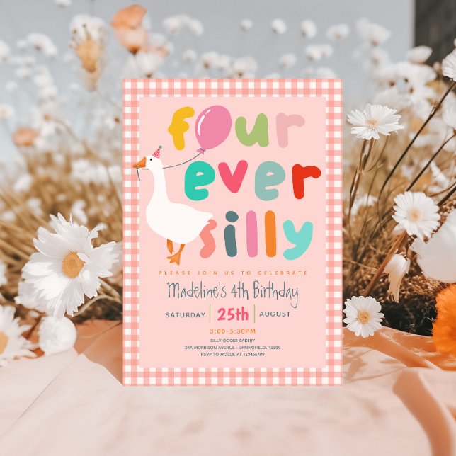 Convites Meninas Rosa “Four Ever Silly” Ganso 4º Aniversári (Criador carregado)