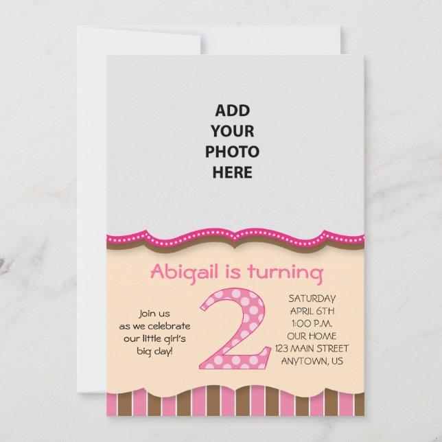 Convites Meninas Rosa/Marrom Bonitas Segundo Aniversário (Frente)