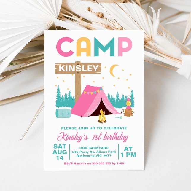 Convites Meninas Rosa Modernas Acampam No Aniversário (Colorful Camping 1st Birthday Invitation Baby Girl, Happy Camper, Camping themed First Birthday)