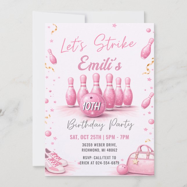 Convites Meninas Rosa Pessoal boliche Aniversário (Frente)