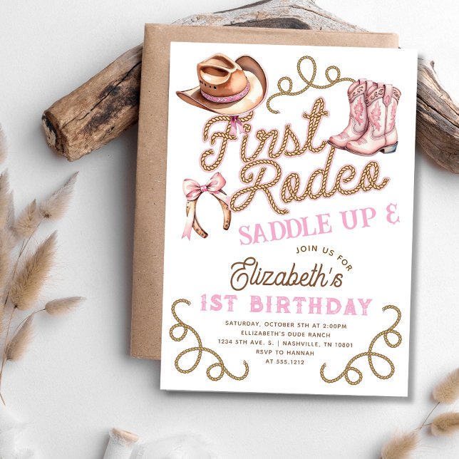Convites Meninas Rosa Primeiro Rodeio 1º Aniversário (Pink Girls First Rodeo 1st Birthday Invitation)