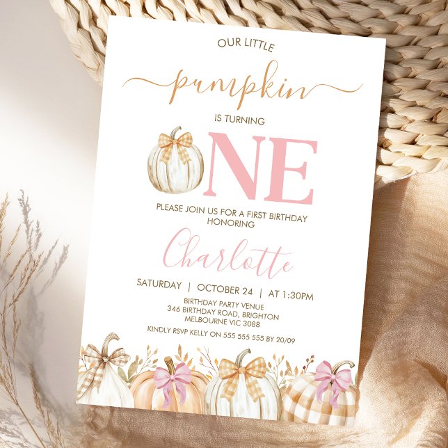 Convites Meninas Rosa Queda Xadrez primeiro aniversario De  (Pumpkin 1st Birthday Invitation, Girls Fall Little Pumpkin 1st Birthday Invitation Template, )