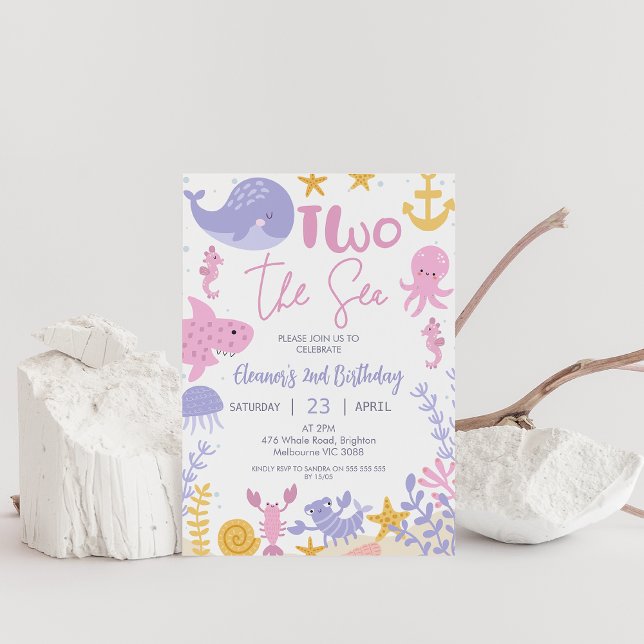 Convites Meninas Rosa Roxo Amarelo Dois Ao Mar Aniversário (Editable TWO the Sea Girl 2nd Birthday Party Invitation Pink Under the Sea 2nd birthday Invite, Cute)