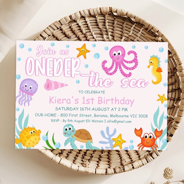 Convites Meninas rosa sob o mar sob o primeiro aniversario  (Colorful Oneder the Sea Birthday Invitation Template For Girl, Under the Sea Themed 1st Birthday)