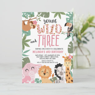 Convites Meninas Rosa Verde Jovem Selvagem Três 3º Aniversá
