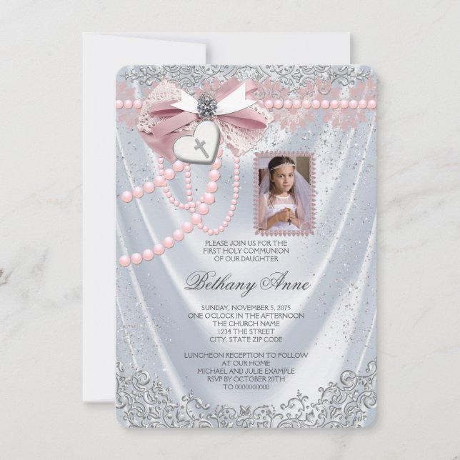 Convites Meninas Seda Branca Foto Primeira Comunhão (Frente)