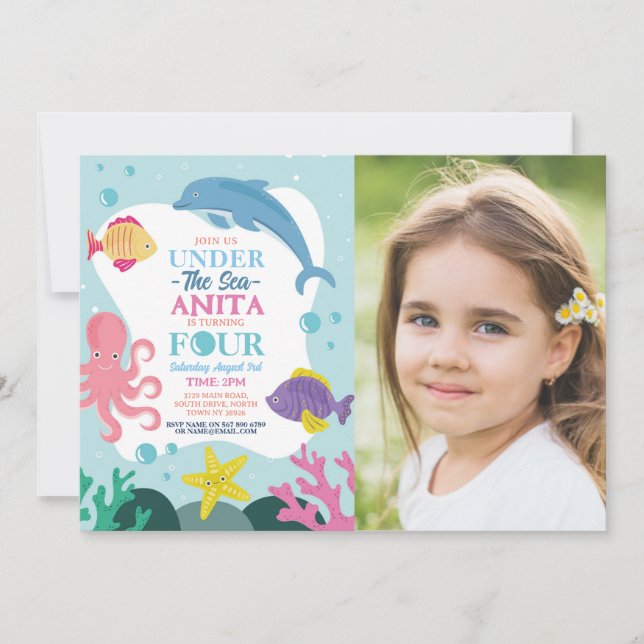 Convites Meninas Sob o Mar Quatro Golfinho do Oceano Foto 4 (Frente)