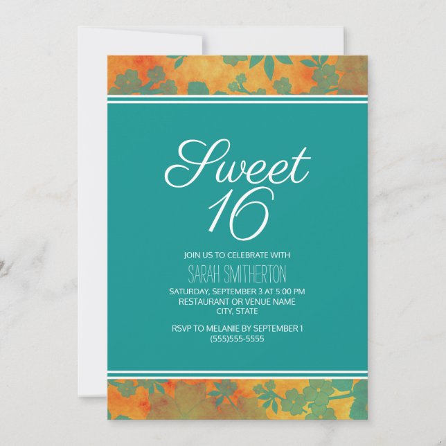 Convites Meninas Teal Laranja Floral Sweet 16 (Frente)