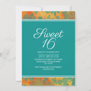 Convites Meninas Teal Laranja Floral Sweet 16