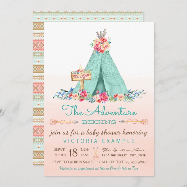 Convites Meninas TeePee Baby Shower (Frente/Verso)