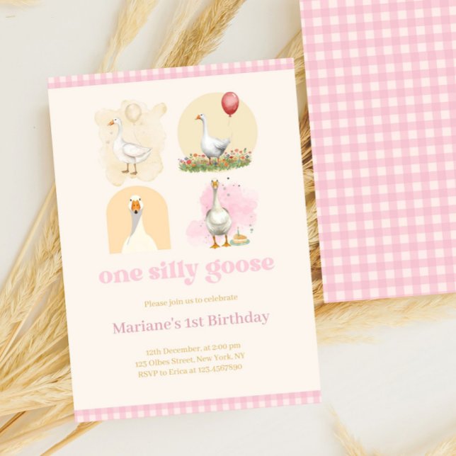 Convites Meninas Um Bobo Pia Rosa Primeiro Gingham de Anive (one silly goose, 1st birthday, farm, girls first birthday girl, pink gingham, whimsical, pastel pink)