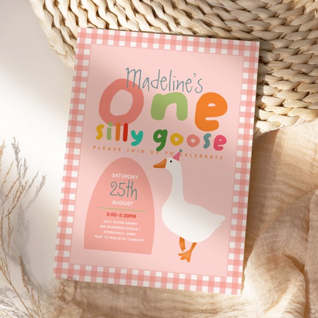 Convites Meninas Um Ganso Tolo Gingham Rosa Primeiro Aniver (Criador carregado)