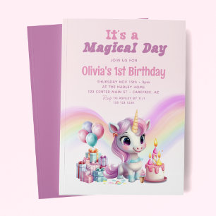 Convites Meninas Unicórnio Arco-Íris Mágico Aniversário