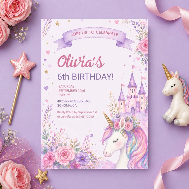 Convites Meninas Unicórnio Roxo 6º Aniversário (Criador carregado)
