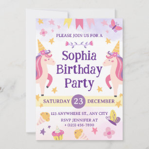Convites Meninas Unicórnio Roxo Fofo Aniversário de 1 ano