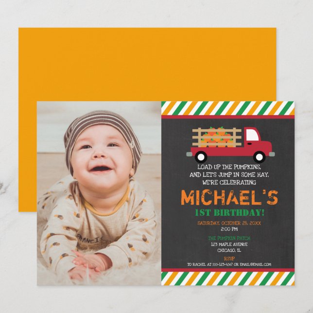 Convites Menino 1rua, primeira erva de abóbora de aniversár (Frente/Verso)