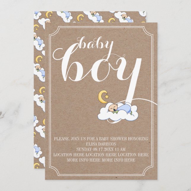 Convites Menino adormecido chá texto minimalista (Frente/Verso)