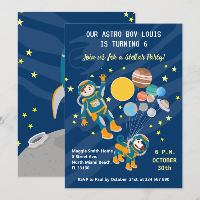 Convites Menino astronauta sonha com festa de aniversário (Frente/Verso)