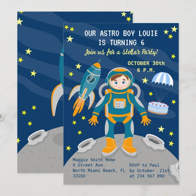 Convites Menino astronauta sonha com festa de aniversário (Frente/Verso)