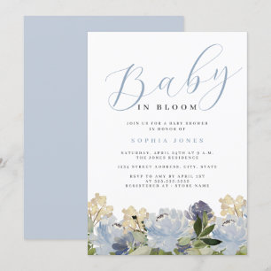 Convites Menino Azul Floral Empoeirado Bebê em Flor Chá de