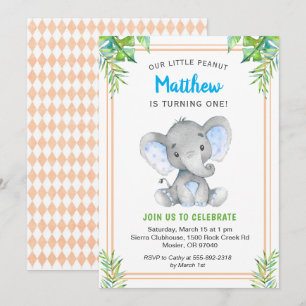 Convites Menino Azul Laranja Elefante Aniversário Pequeno C
