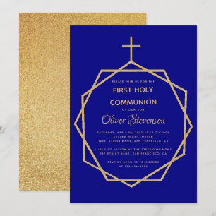 Convites Menino Azul Marinho Ouro Primeira Comunhão Sagrada