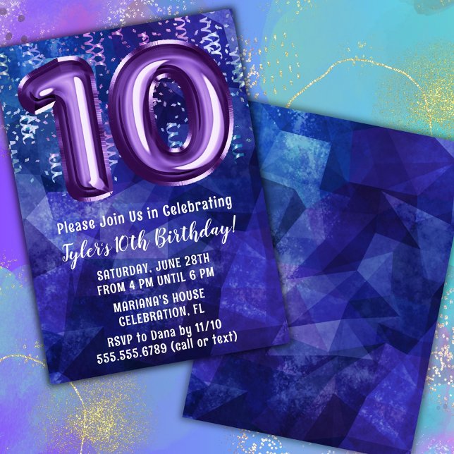 Convites Menino Azul Roxo 10º Aniversário (Criador carregado)