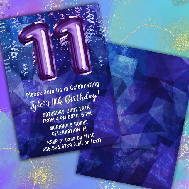 Convites Menino Azul Roxo 11º Aniversário (Criador carregado)