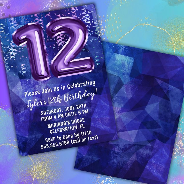 Convites Menino Azul Roxo 12º Aniversário (Criador carregado)