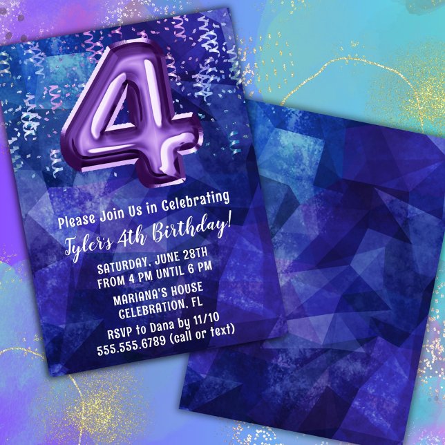 Convites Menino Azul Roxo 4º Aniversário (Criador carregado)