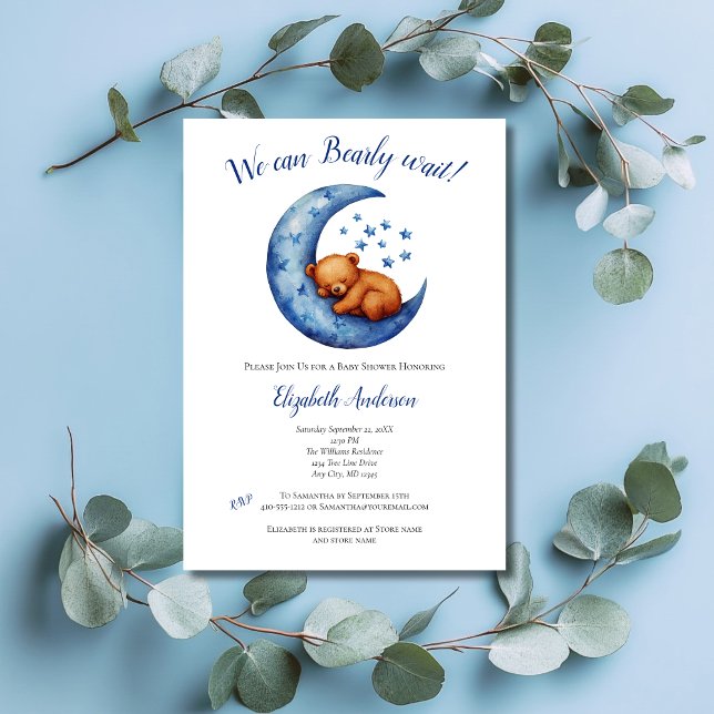 Convites Menino Azul Urso Lua Quase Não Esperamos Chuvinha  (Baby Boy Baby Shower invitation, We Can Bearly Wait, Baby Bear in Blue Moon with Stars)