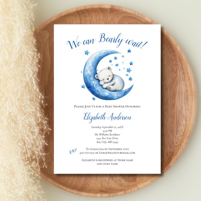 Convites Menino Azul Urso Lua Quase Não Esperamos Chuvinha  (Boy Baby Shower invitation. White Bear Sleeping in Blue Moon with stars. We can Bearly wait.)