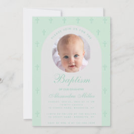 Convites Menino Baptismo Foto Moderna Arch Mint Green Scrip