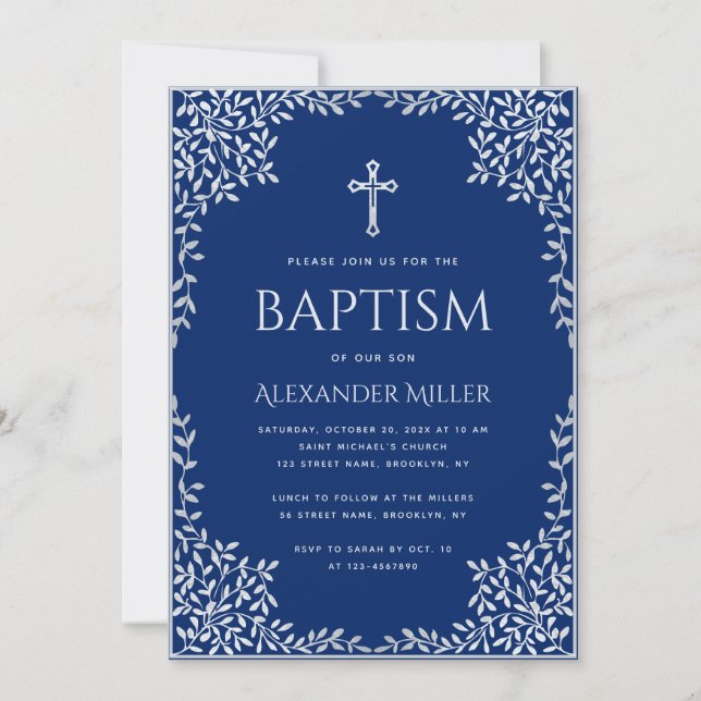 Convites Menino Batismo Real Azul Faux Silver Deixa Elegant (Frente)