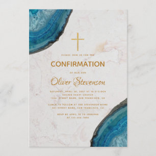 Convites Menino Confirmação Azul Geodo Ágata Cruz de Ouro