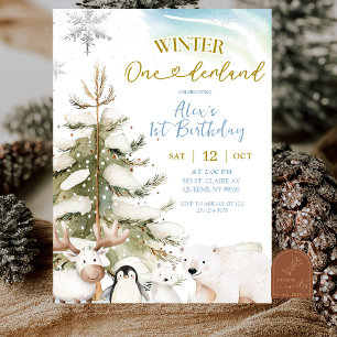 Convites Menino da Neve Primeiro Aniversário Animal Ártico