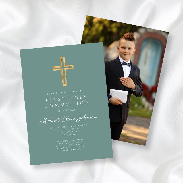 Convites Menino da Primeira Comunhão com Foto da Cruz Elega (Elegant Cross Photo Boy First Communion Invitation)